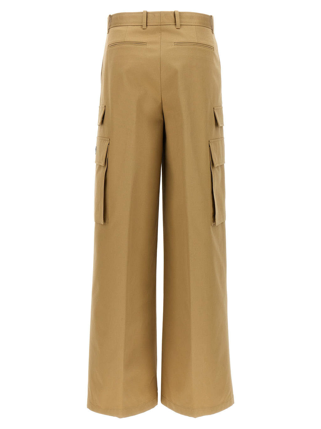 Pantalon cargo beige en coton de la marque Versace, style tendance avec poches latérales et logo distinctif.