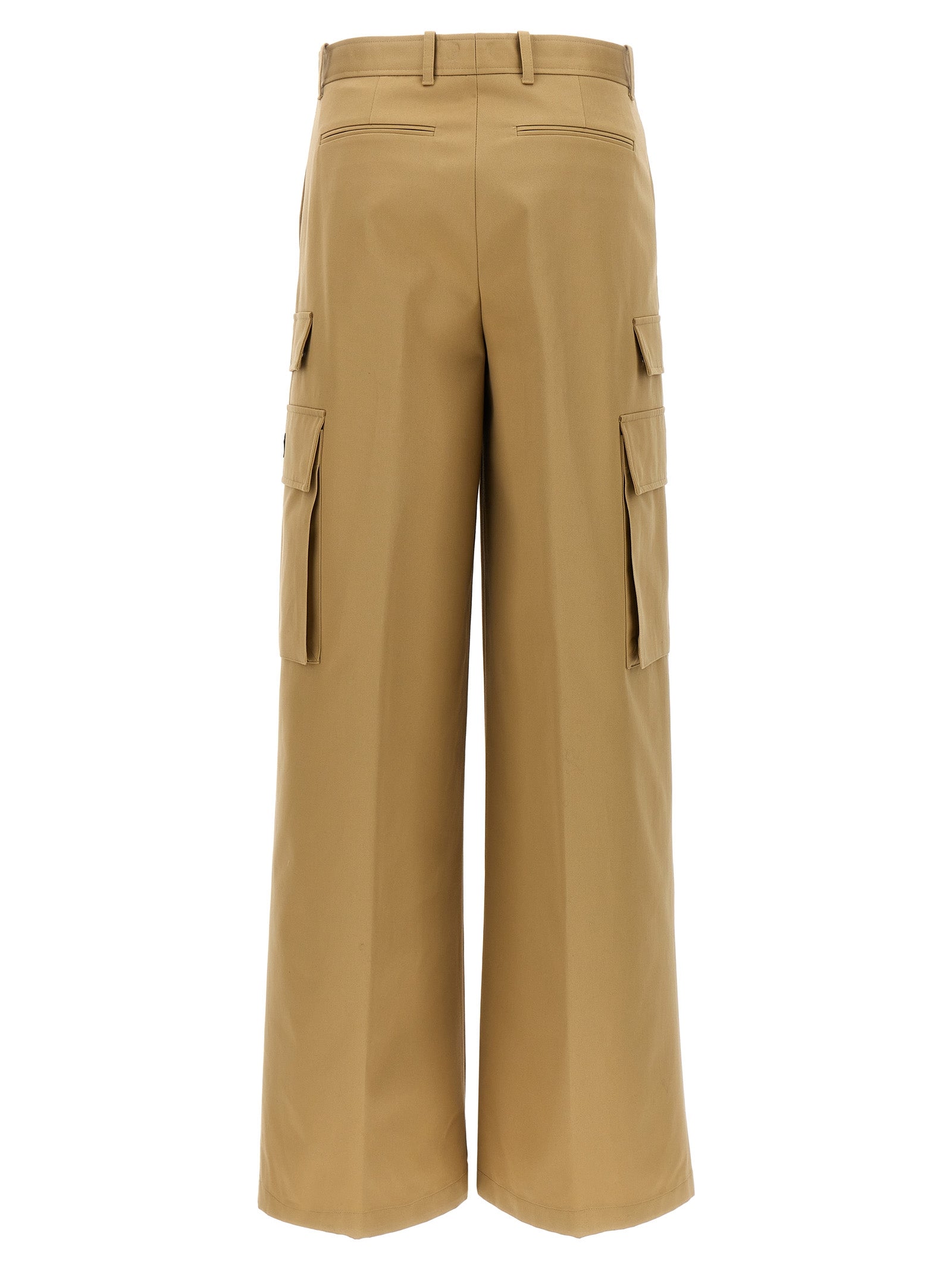 Pantalon cargo beige en coton de la marque Versace, style tendance avec poches latérales et logo distinctif.