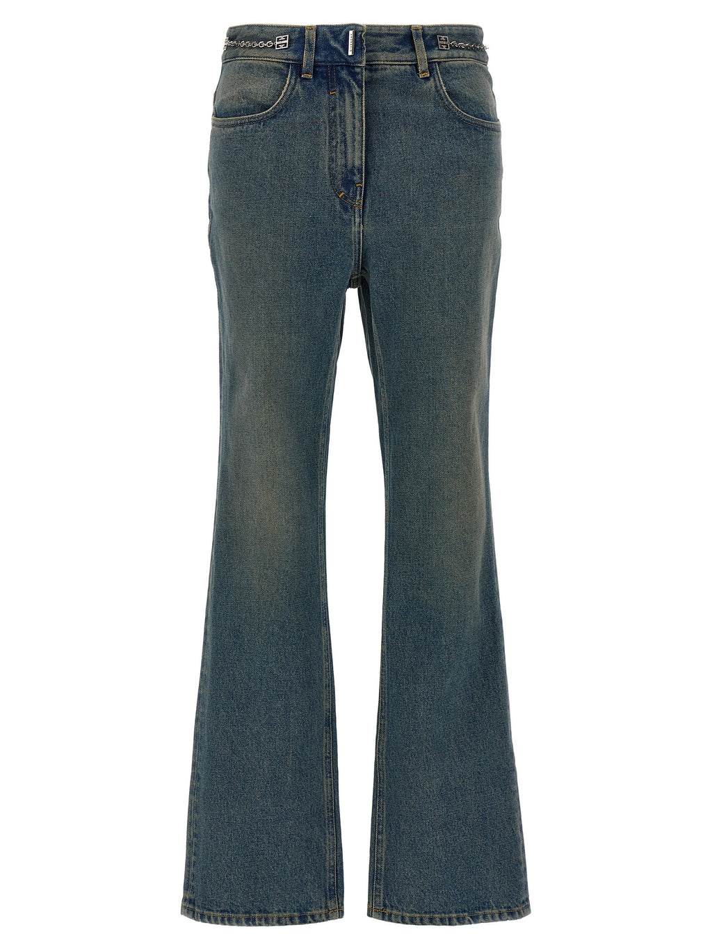 Jeans bootcut en coton bleu Givenchy, coupe décontractée, détails classiques, porté sur un modèle.
