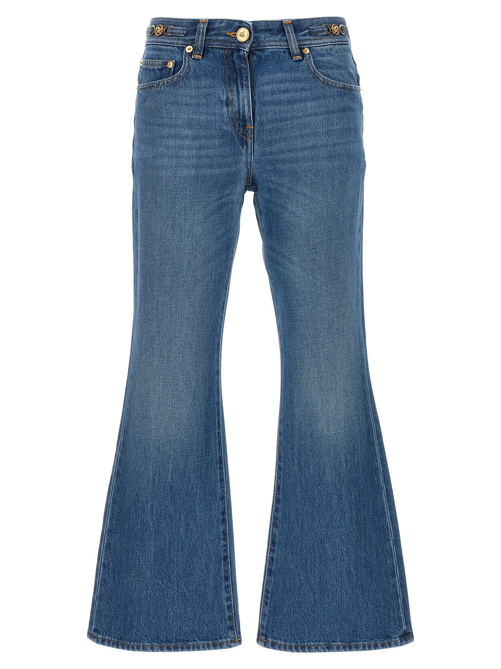 Jean évasé en coton bleu de la marque Versace, avec coupe fluide et détails stylés.