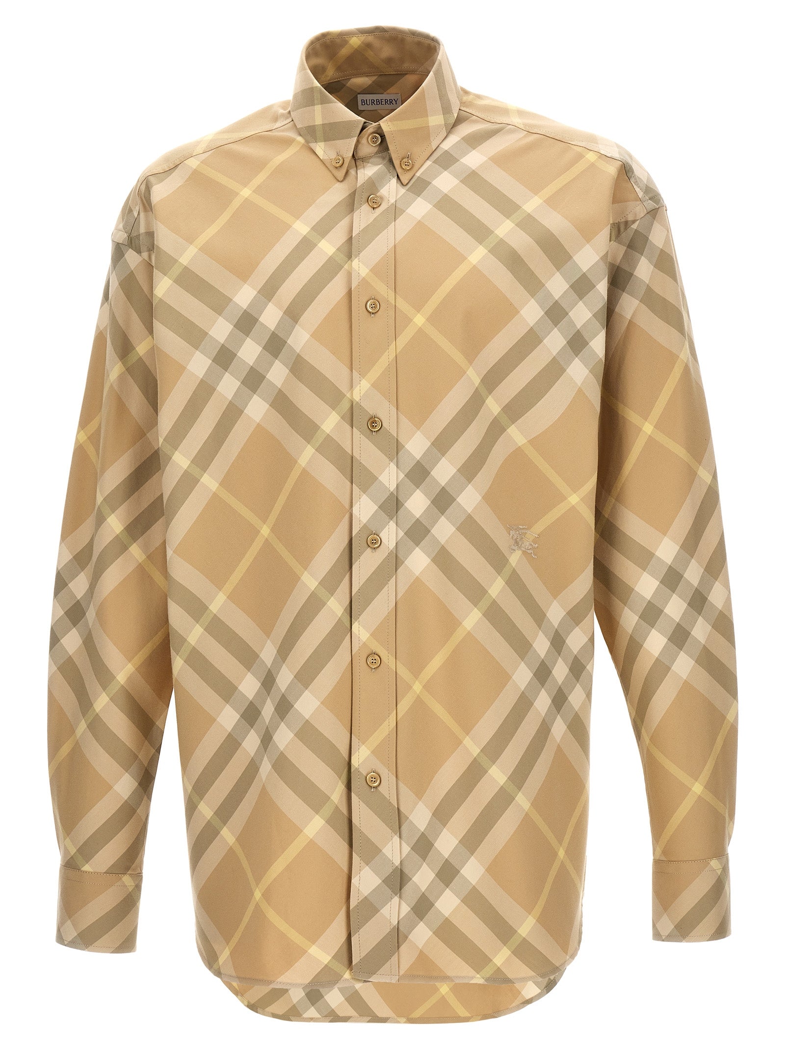 Chemise en coton beige de la marque Burberry, coupe élégante avec col classique et détails sophistiqués.