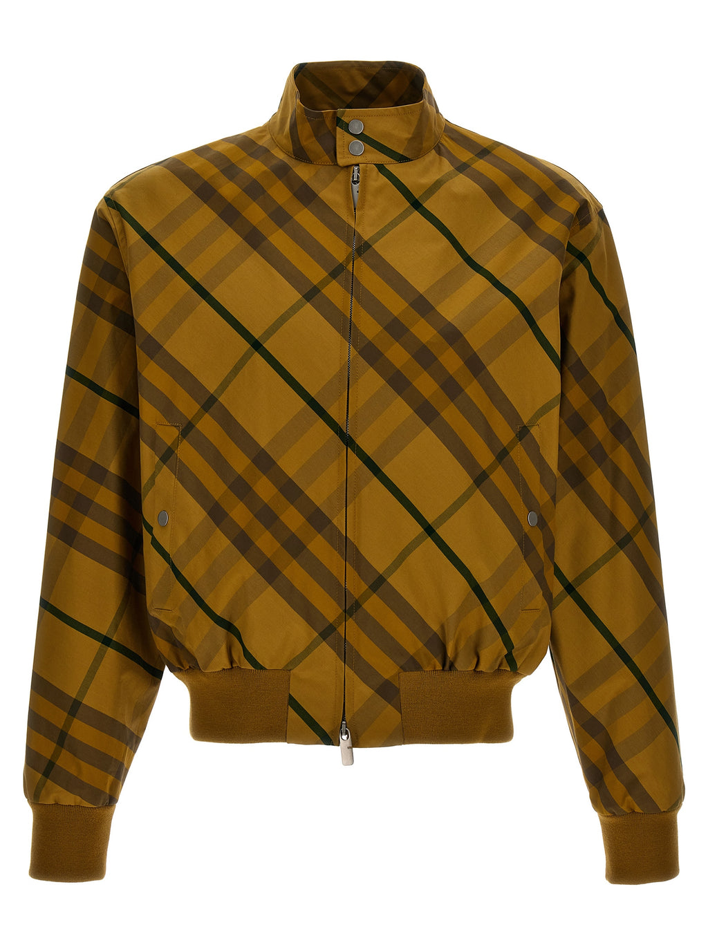 Veste bomber en coton bicolore Burberry, coupe moderne avec détails élégants, portée sur un fond neutre.