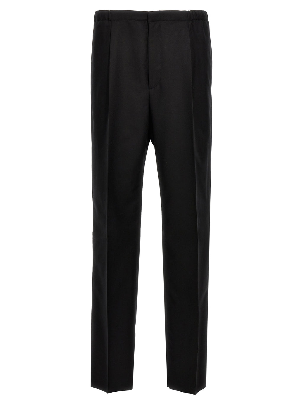 Pantalons de costume noirs en laine vierge Fendi, coupe élégante, portés avec une ceinture et une finition soignée.