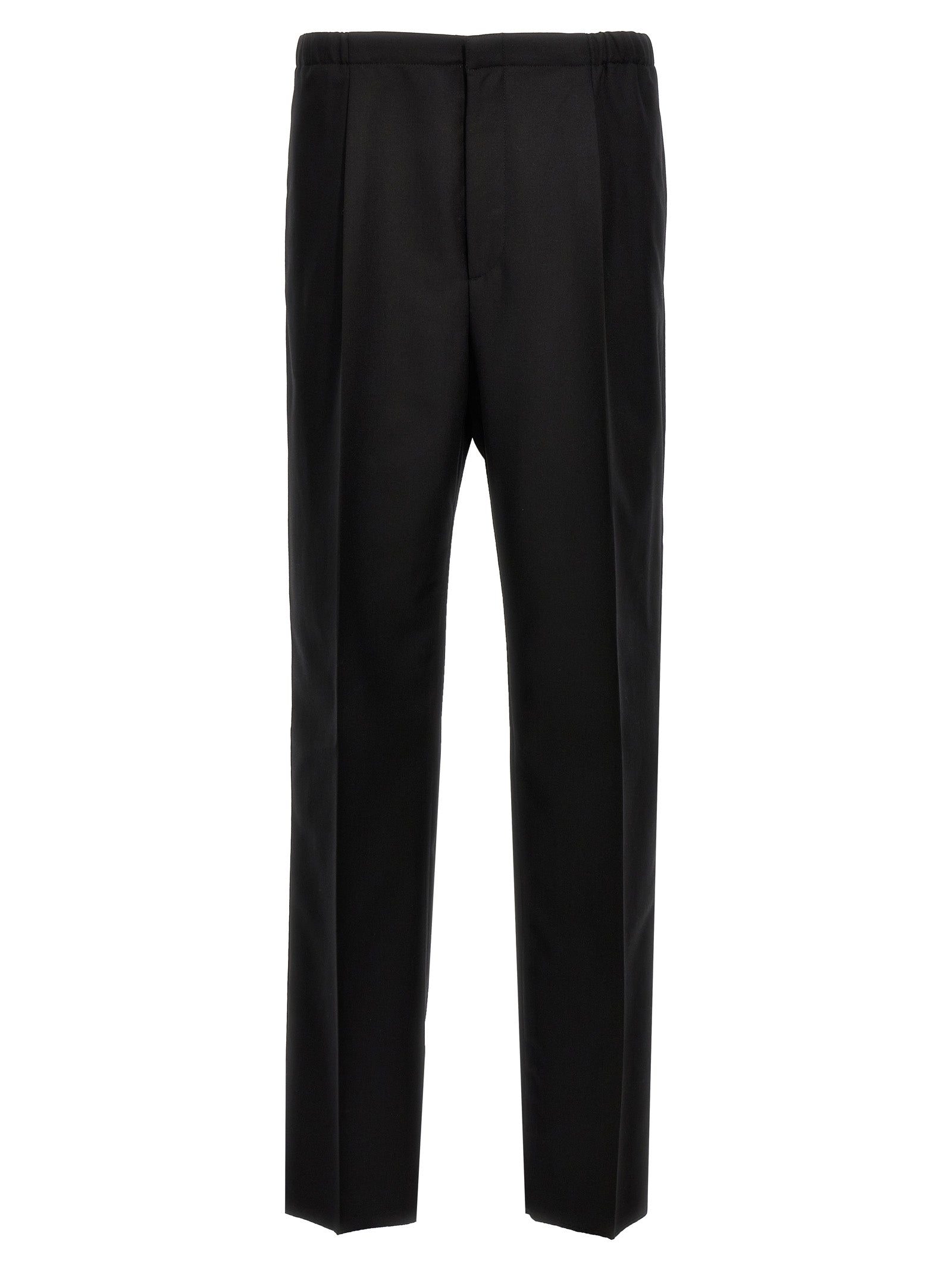 Pantalons de costume noirs en laine vierge Fendi, coupe élégante, portés avec une ceinture et une finition soignée.