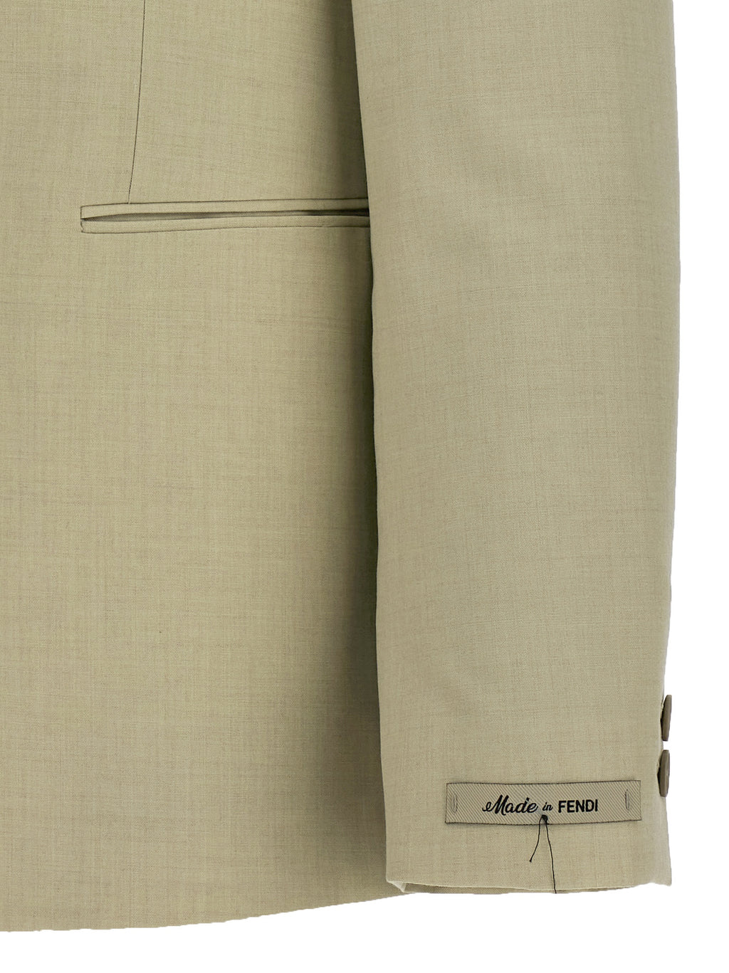 Veste blazer beige en laine vierge de Fendi, élégante et classique, portée sur un mannequin avec détails de couture visibles.