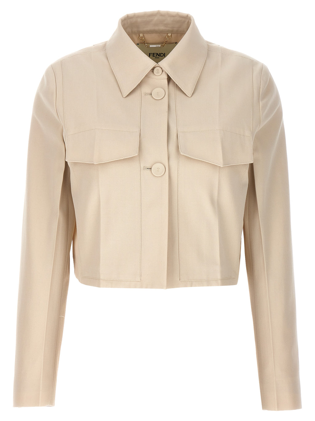 Veste longue beige en laine Fendi avec col classique et poches latérales, élégante et sophistiquée.