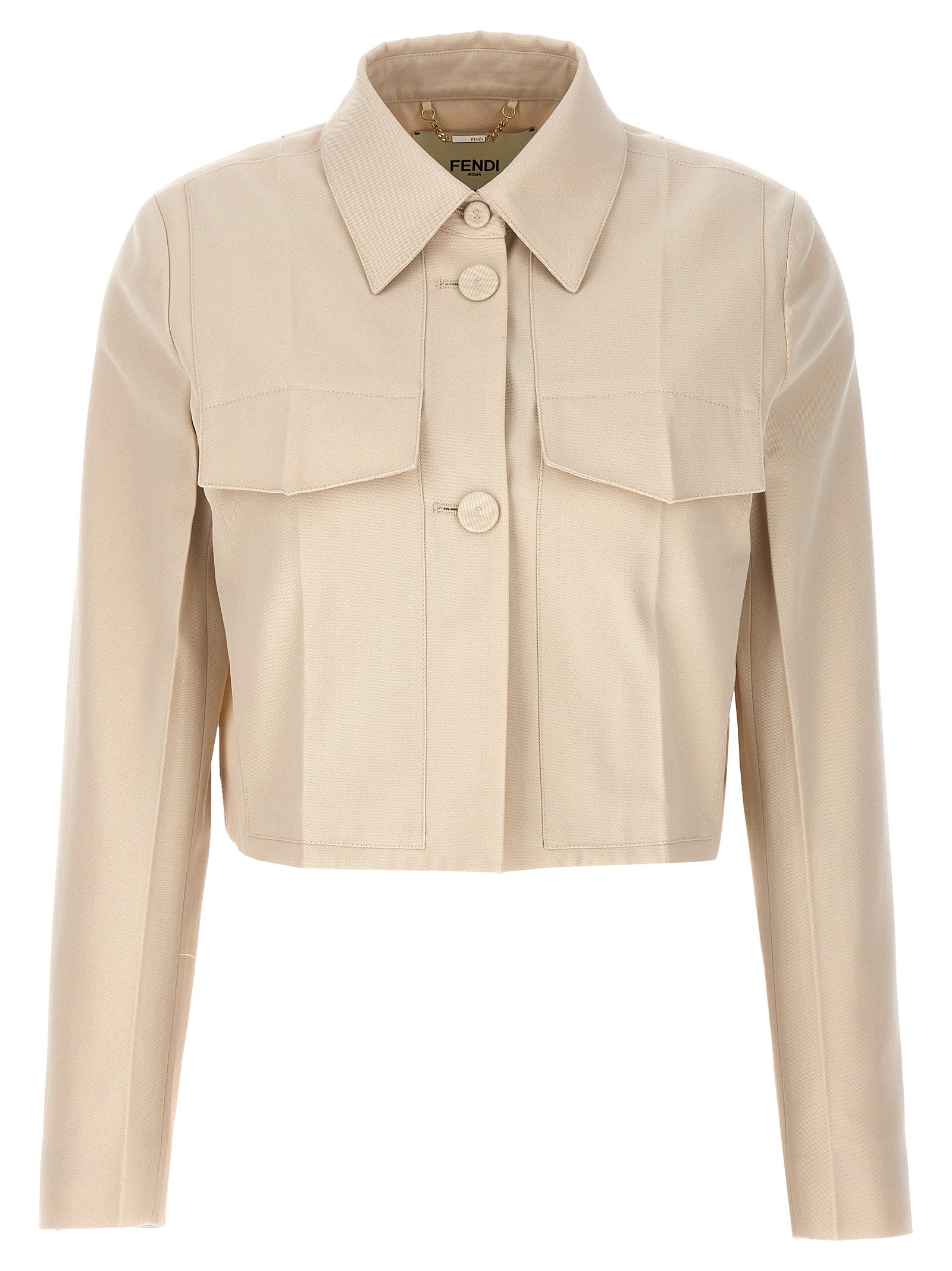 Veste longue beige en laine Fendi avec col classique et poches latérales, élégante et sophistiquée.