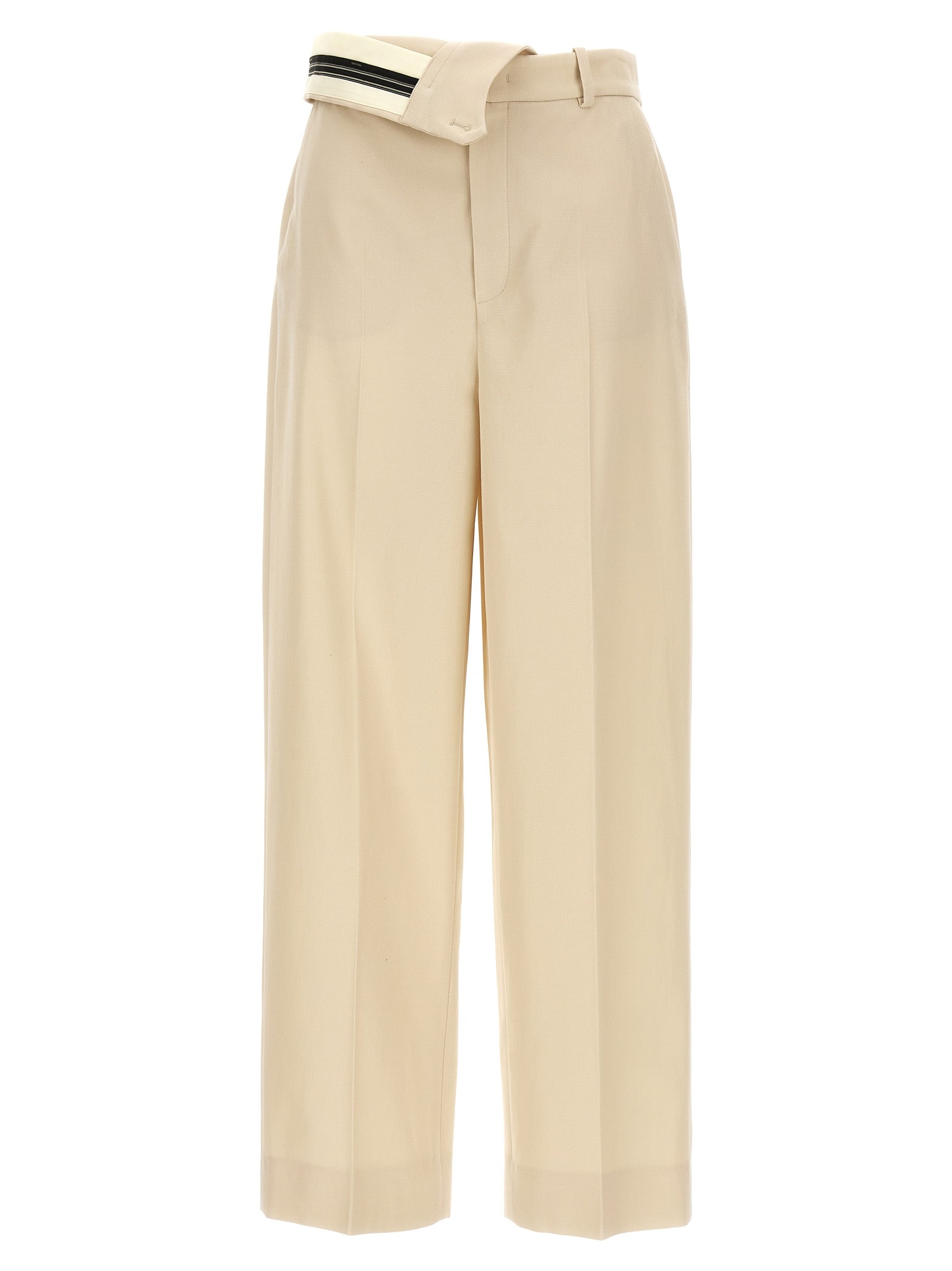 Pantalons décontractés en laine beige de la marque Fendi, avec coupe élégante et détails modernes, visibles sur l'image.
