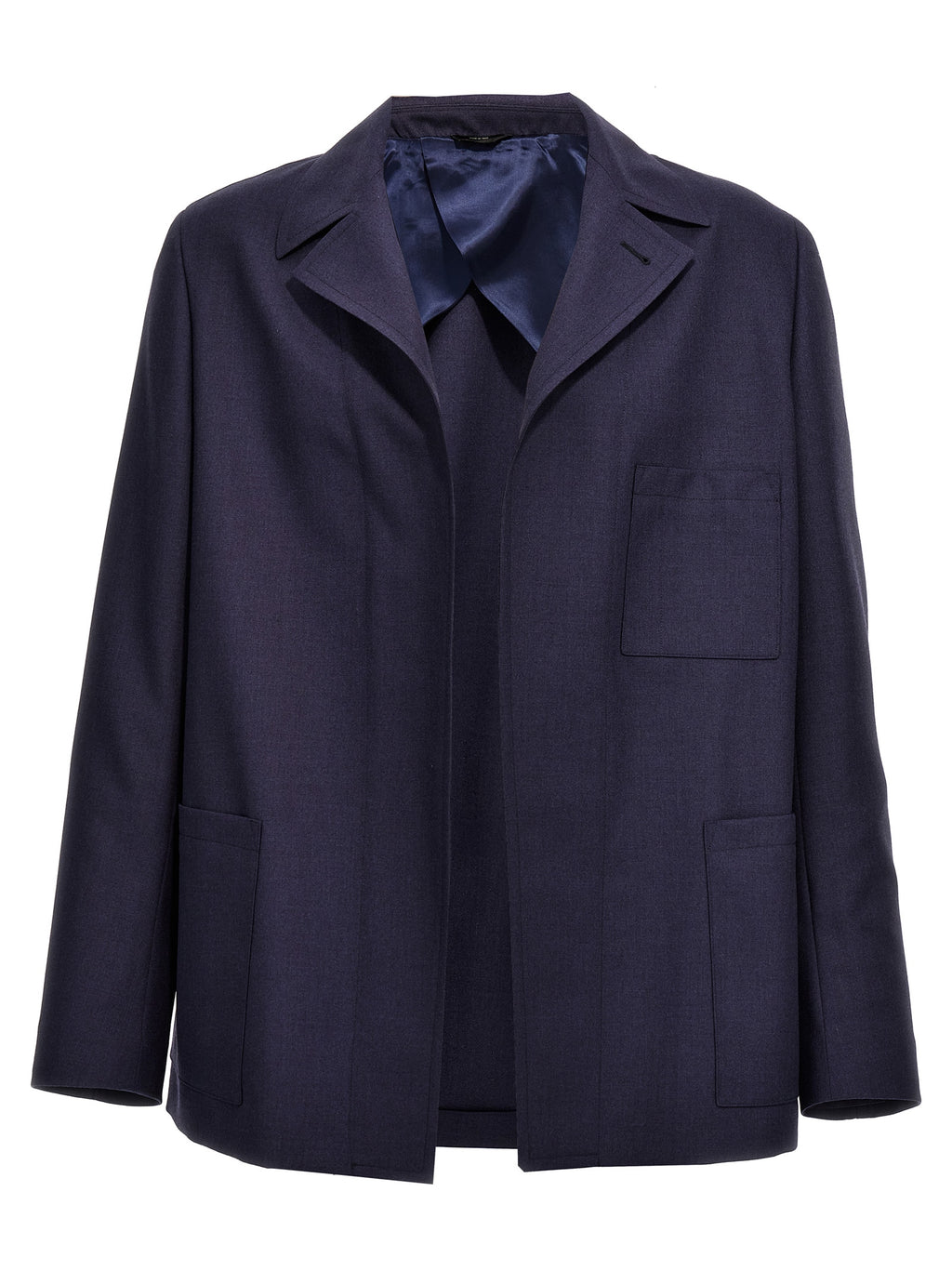 Veste longue en laine vierge bleue de Fendi, élégante et sophistiquée, avec détails de finition visibles sur l'image.