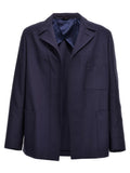 Veste longue en laine vierge bleue de Fendi, élégante et sophistiquée, avec détails de finition visibles sur l'image.