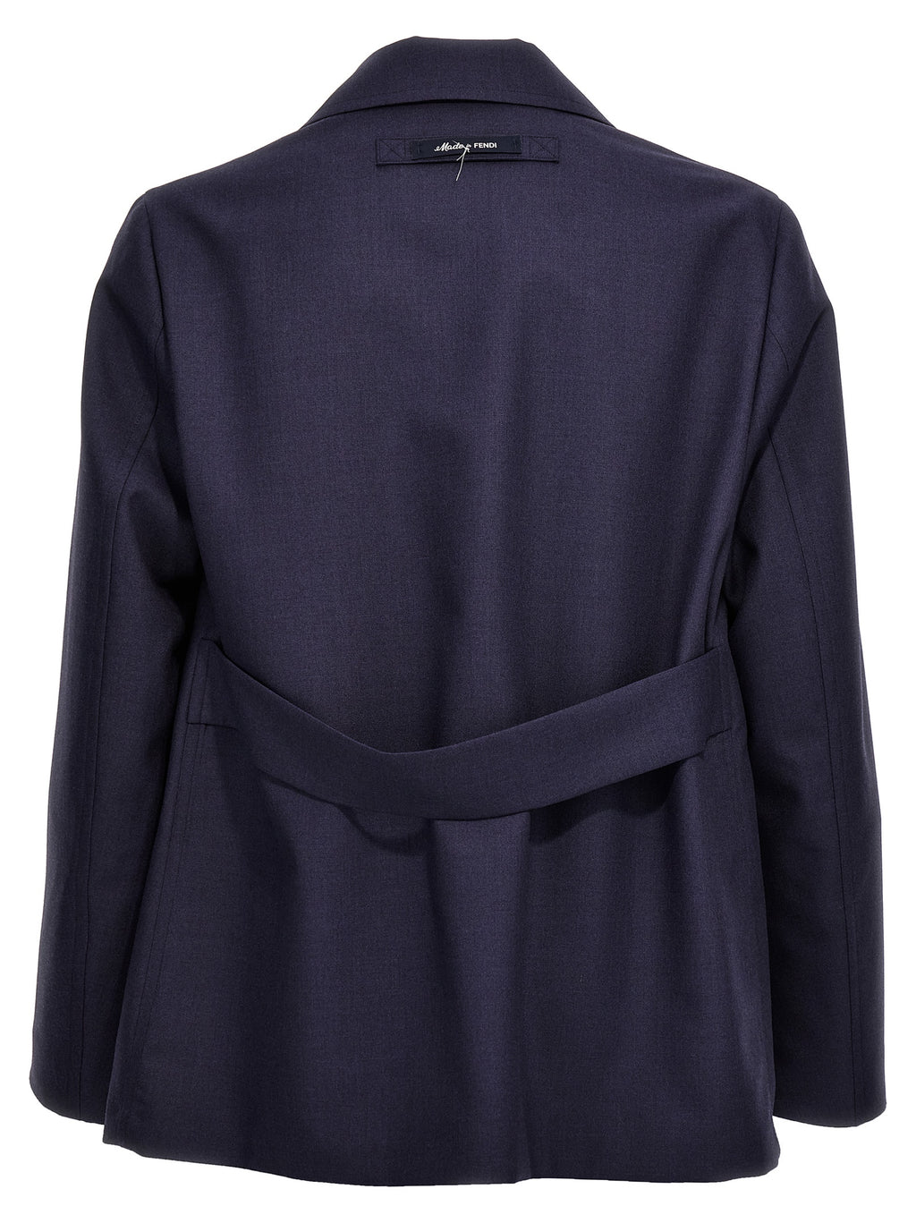 Veste longue en laine vierge bleue de Fendi, élégante et sophistiquée, portée sur un mannequin avec un fond neutre.