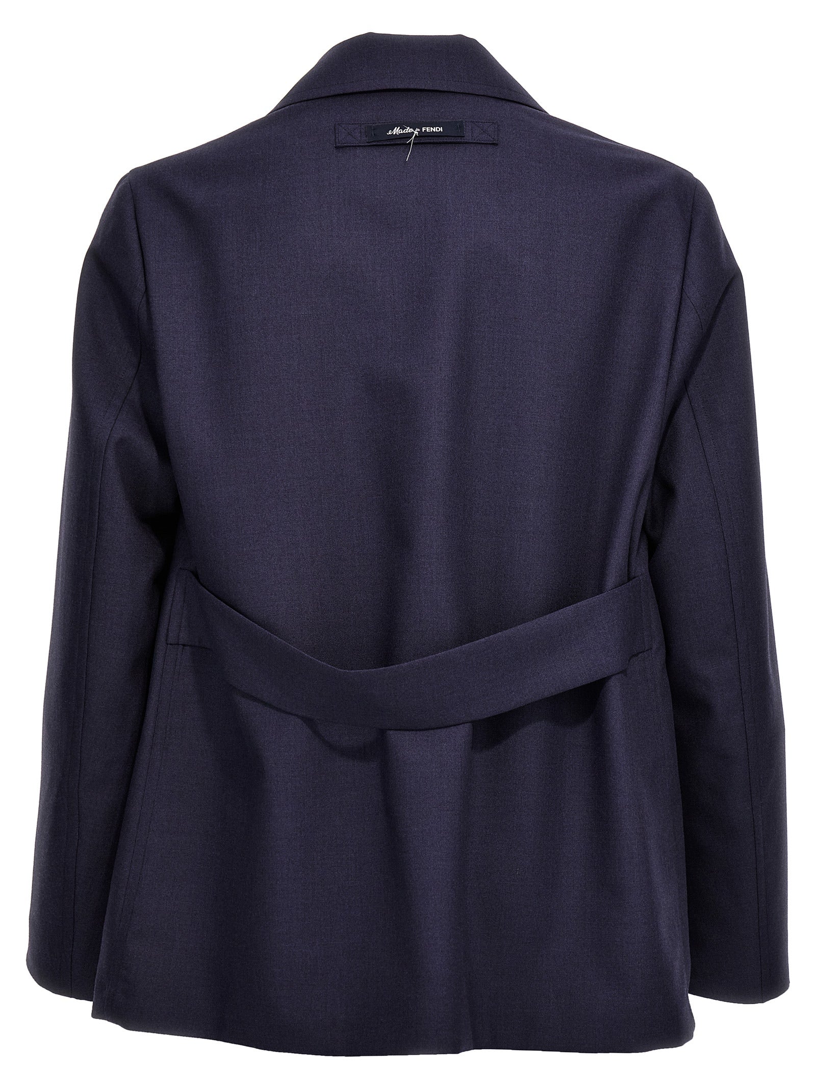 Veste longue en laine vierge bleue de Fendi, élégante et sophistiquée, portée sur un mannequin avec un fond neutre.