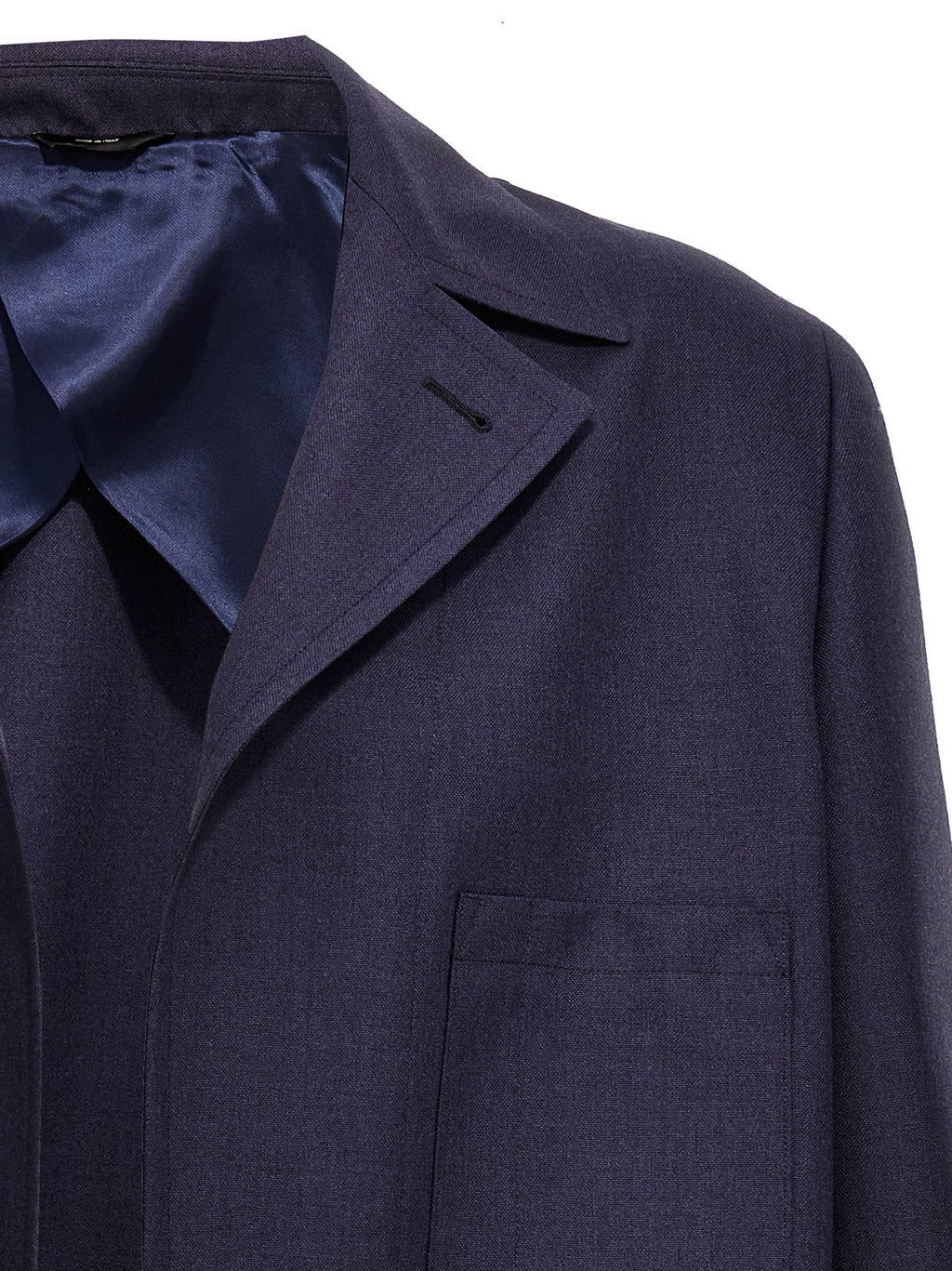 Veste longue en laine vierge bleue de Fendi, style élégant et sophistiqué, vue de face sur un fond neutre.