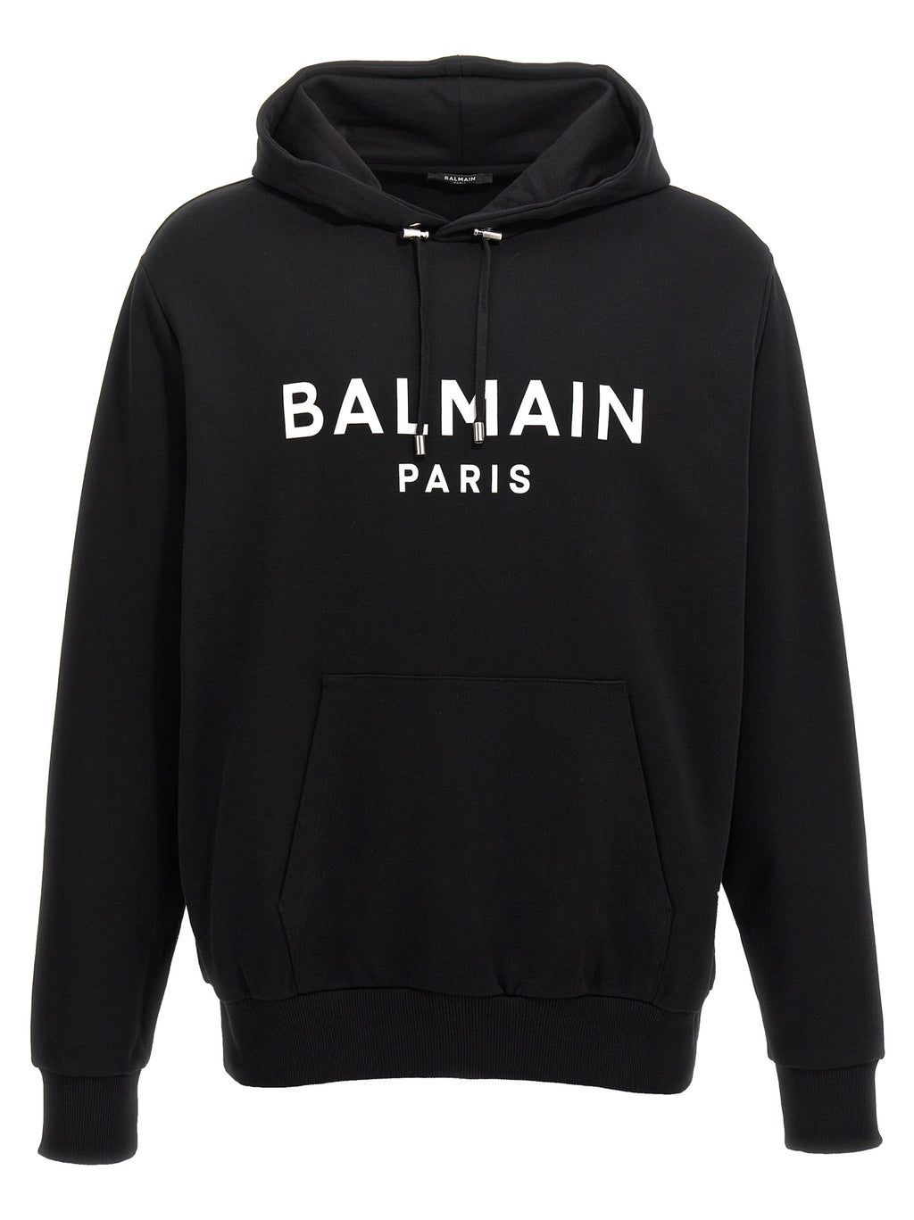 Sweatshirt en coton bicolore Balmain avec logo, coupe décontractée et détails modernes, porté sur un modèle.