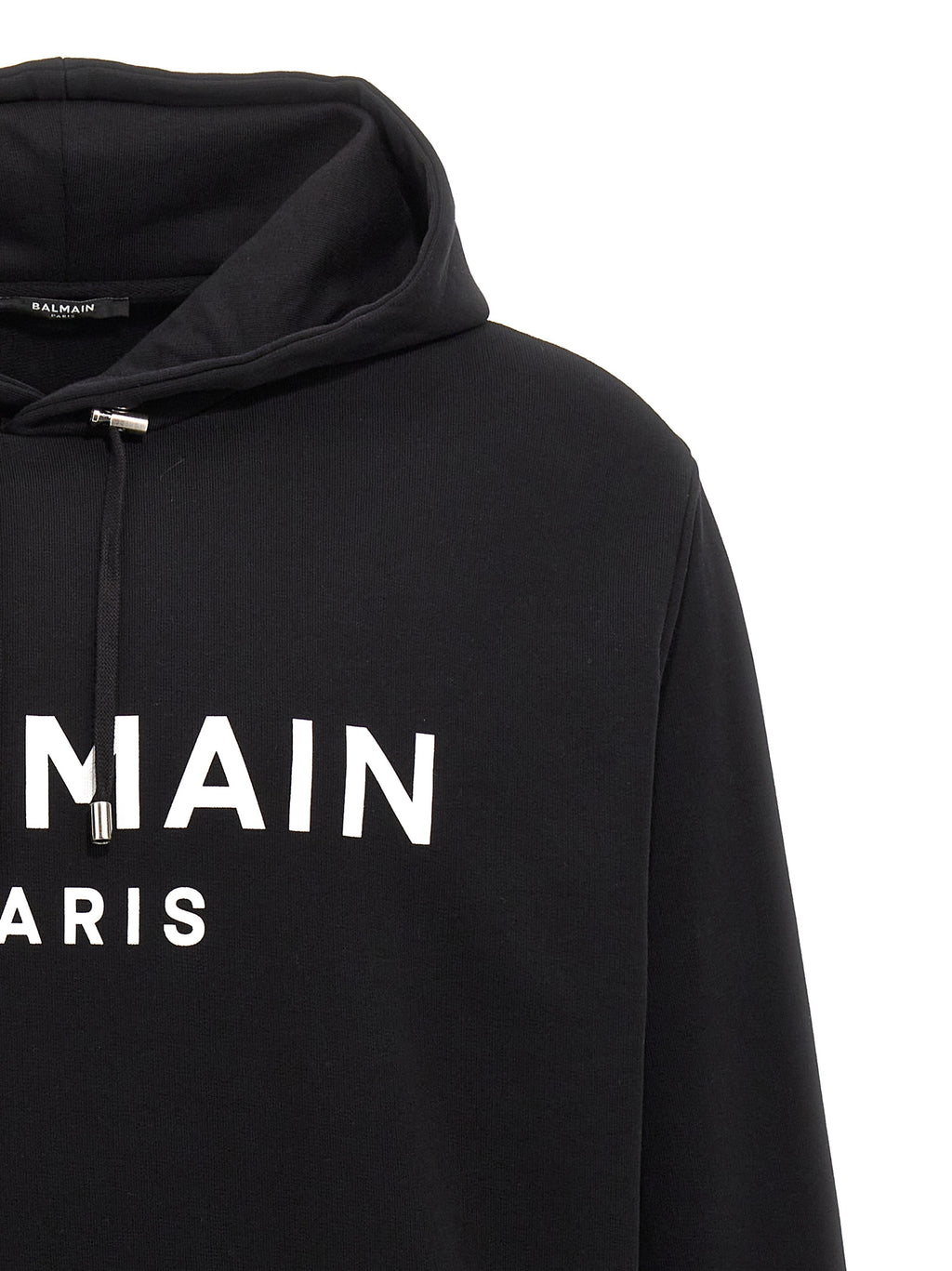 Sweat-shirt bicolore en coton de Balmain, avec logo brodé, porté par un mannequin, vue de face.