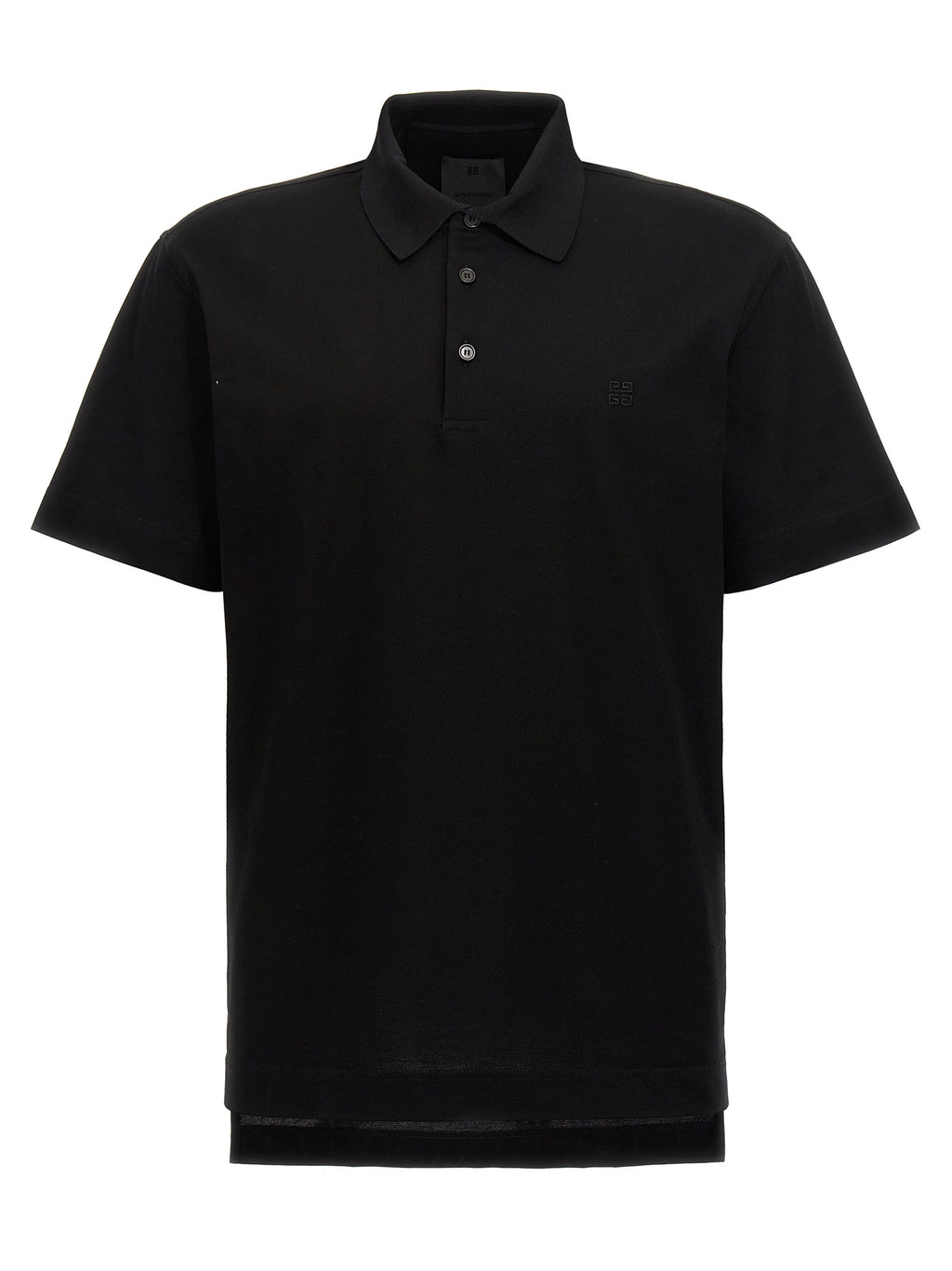 Chemise polo noire en coton de Givenchy, vue de face, avec col classique et logo discret sur la poitrine.