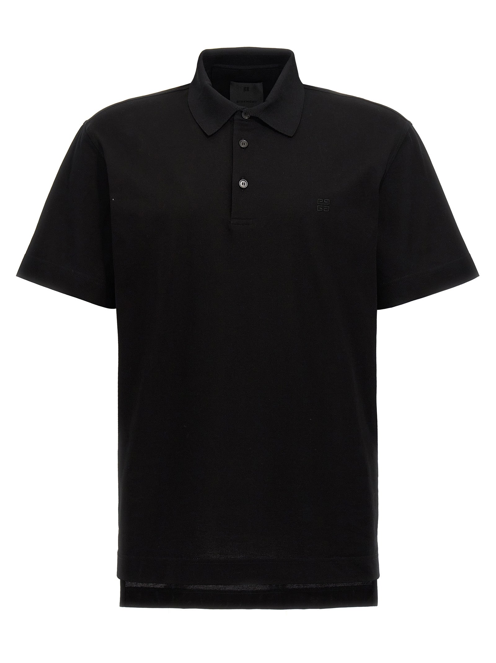 Chemise polo noire en coton de Givenchy, vue de face, avec col classique et logo discret sur la poitrine.