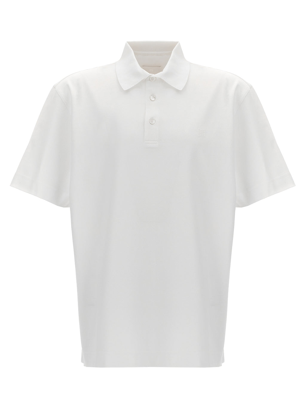 Chemise polo blanche Givenchy en coton, vue rapprochée du tissu et du col, élégante et classique.