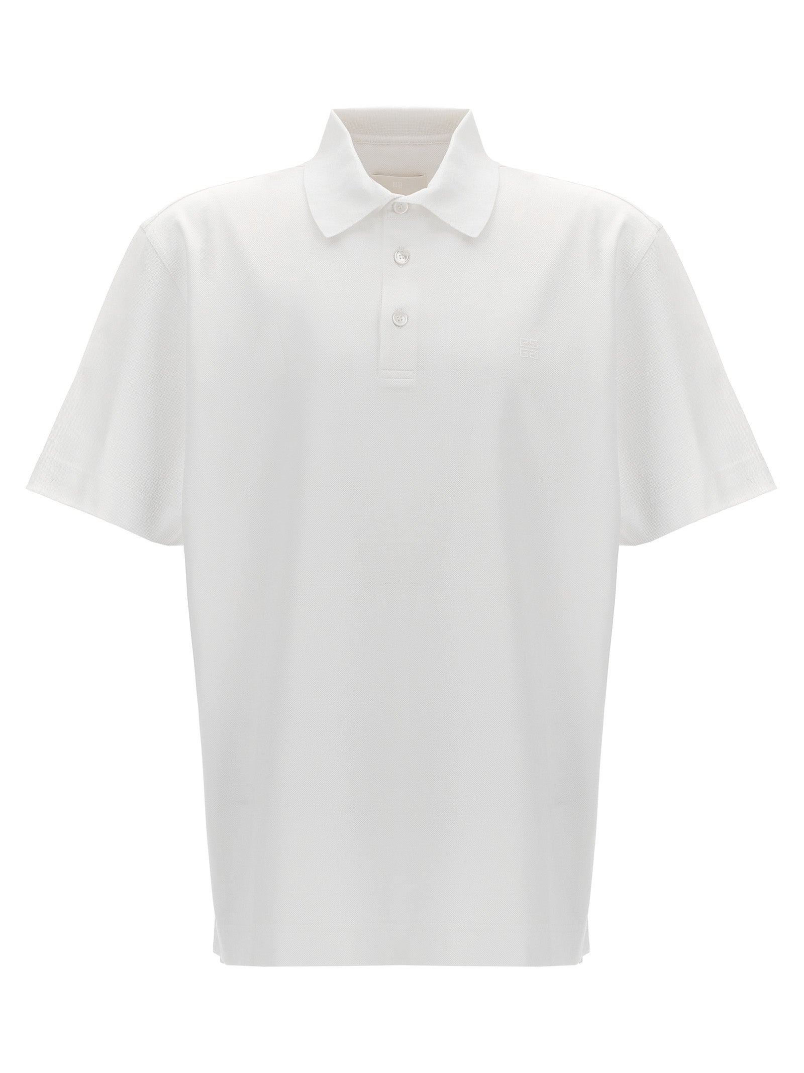 Chemise polo blanche Givenchy en coton, vue rapprochée du tissu et du col, élégante et classique.