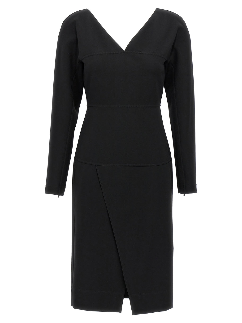 Robe midi Fendi noire en viscose avec ceinture, élégante et fluide, portée sur un fond neutre.