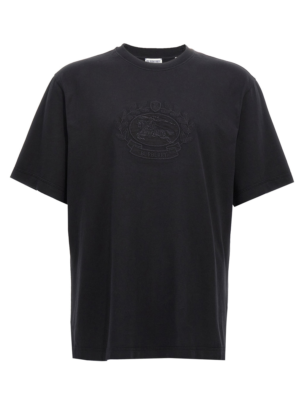 T-shirt en coton noir Burberry, coupe classique et logo discret, affiché sur un mannequin.