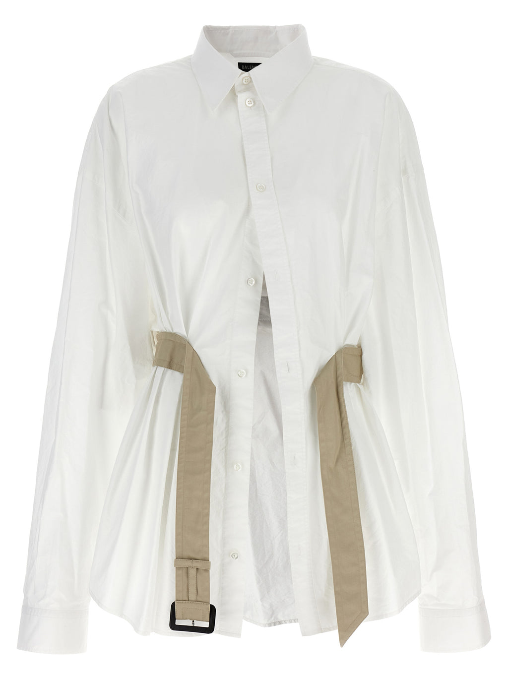 Chemise blanche en coton de la marque Balenciaga, vue en gros plan, avec manches longues et col classique.
