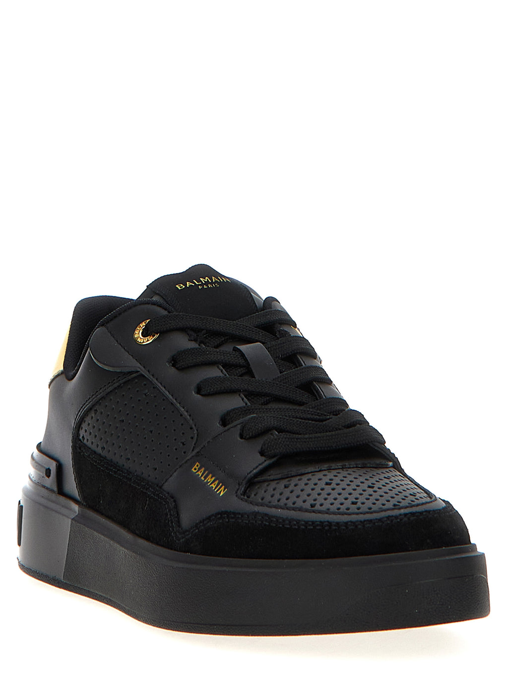 Sneakers noires en cuir de veau Balmain, style moderne avec semelle blanche, vue de face.
