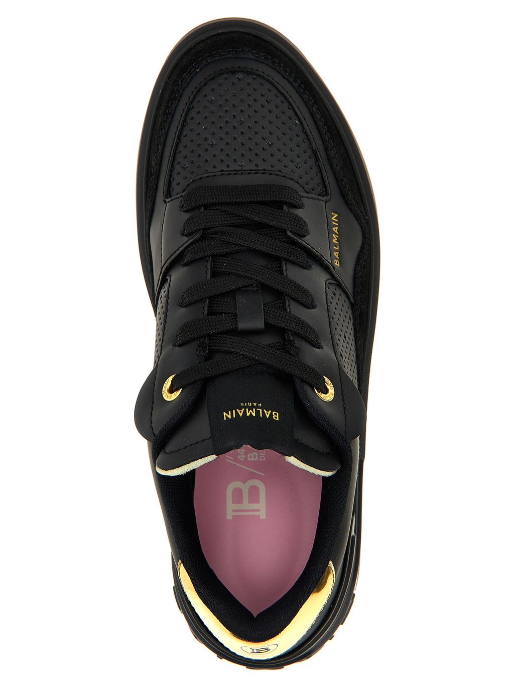 Sneakers Balmain en cuir de veau noir avec détails modernes, semelle blanche et design élégant pour un style sophistiqué.
