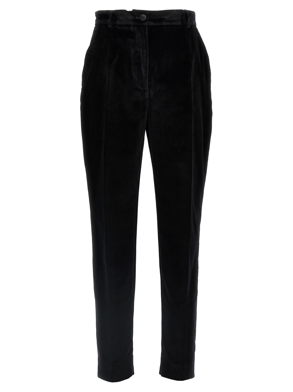 Pantalon noir en coton Dolce & Gabbana pour femme, coupe élégante et tissu confortable, porté avec une chemise blanche.