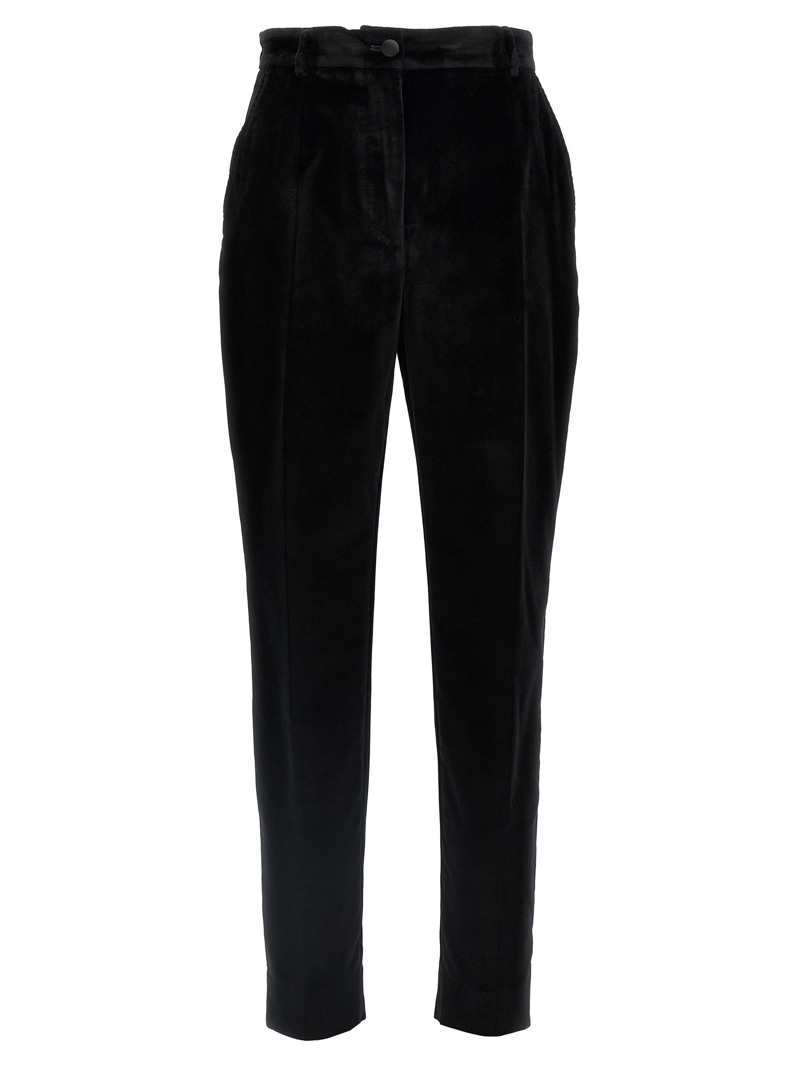 Pantalon noir en coton Dolce & Gabbana pour femme, coupe élégante et tissu confortable, porté avec une chemise blanche.