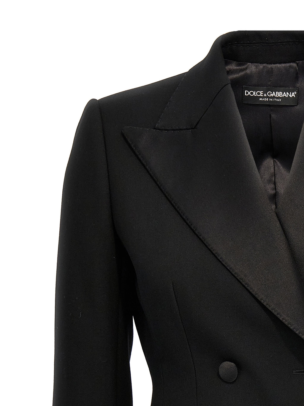 Blazer noir en laine vierge de Dolce & Gabbana, veste élégante pour homme ou femme, détails de couture visibles.