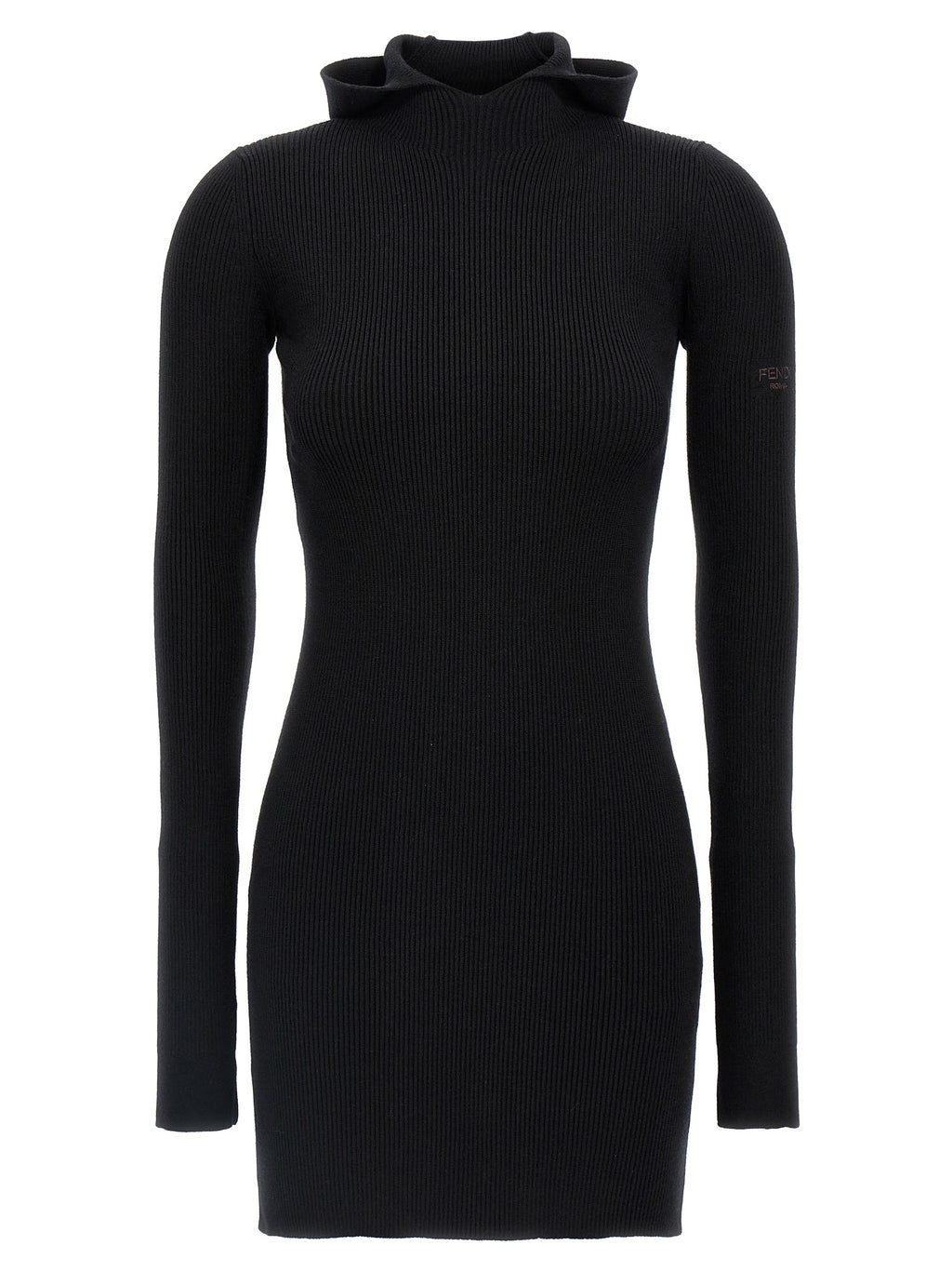 Robe courte en laine noire de Fendi, élégante et ajustée, avec détails sophistiqués visibles sur l'image.