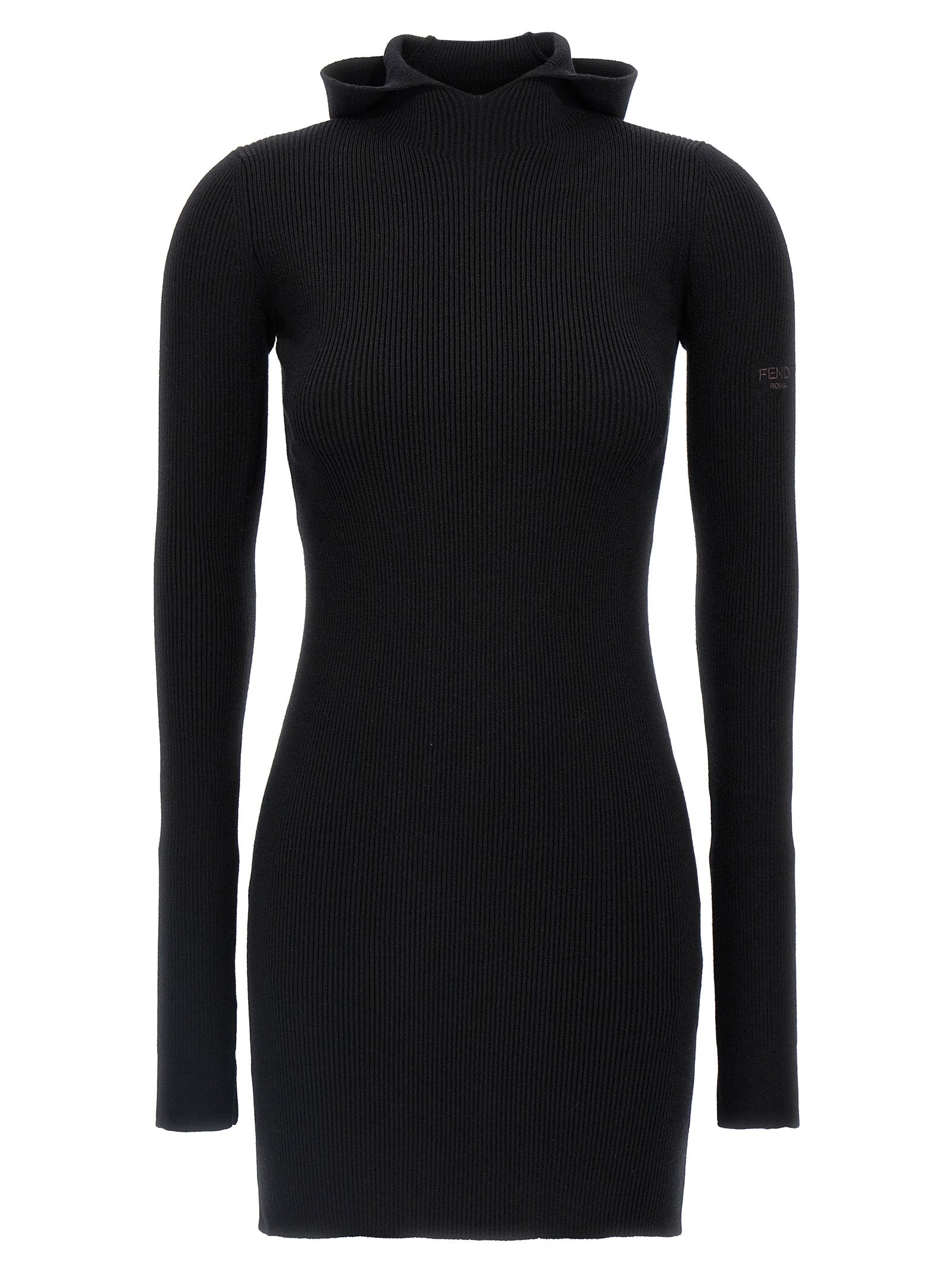 Robe courte en laine noire de Fendi, élégante et ajustée, avec détails sophistiqués visibles sur l'image.