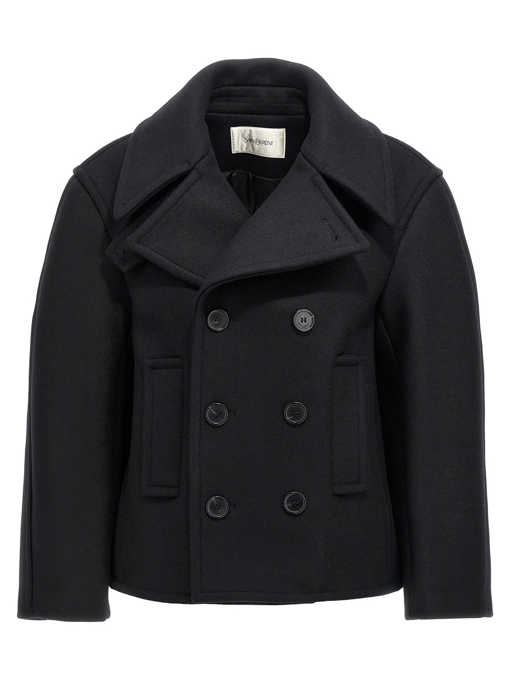 Manteau en laine vierge noire de Saint Laurent, coupe élégante, porté sur un mannequin, détails sophistiqués et finition de qualité.