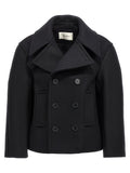Manteau en laine vierge noire de Saint Laurent, coupe élégante, porté sur un mannequin, détails sophistiqués et finition de qualité.