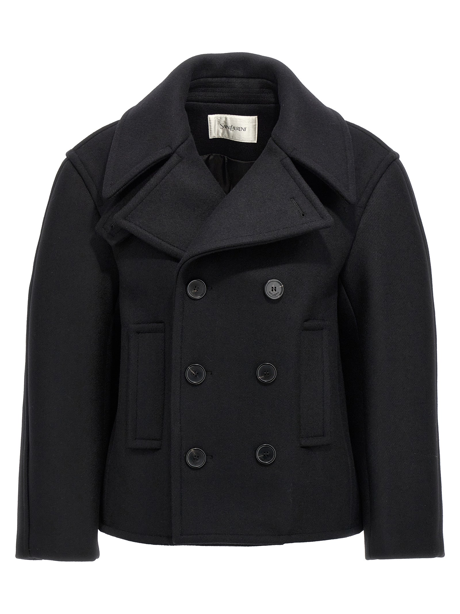 Manteau en laine vierge noire de Saint Laurent, coupe élégante, porté sur un mannequin, détails sophistiqués et finition de qualité.
