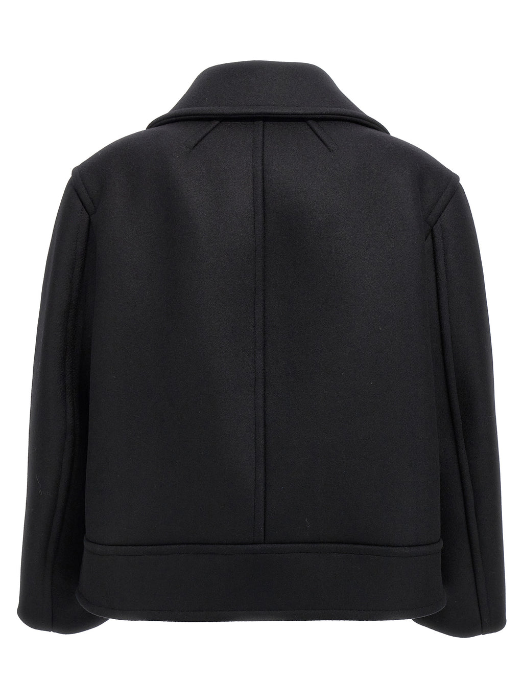 Manteau en laine vierge noir de Saint Laurent, coupe élégante, porté sur un modèle, détails de finition visibles.