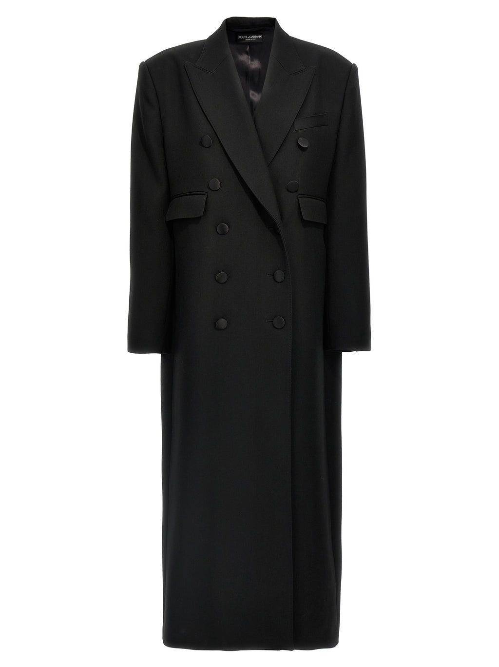 Manteau noir en laine vierge de Dolce & Gabbana, coupe élégante et classique, porté sur un mannequin.