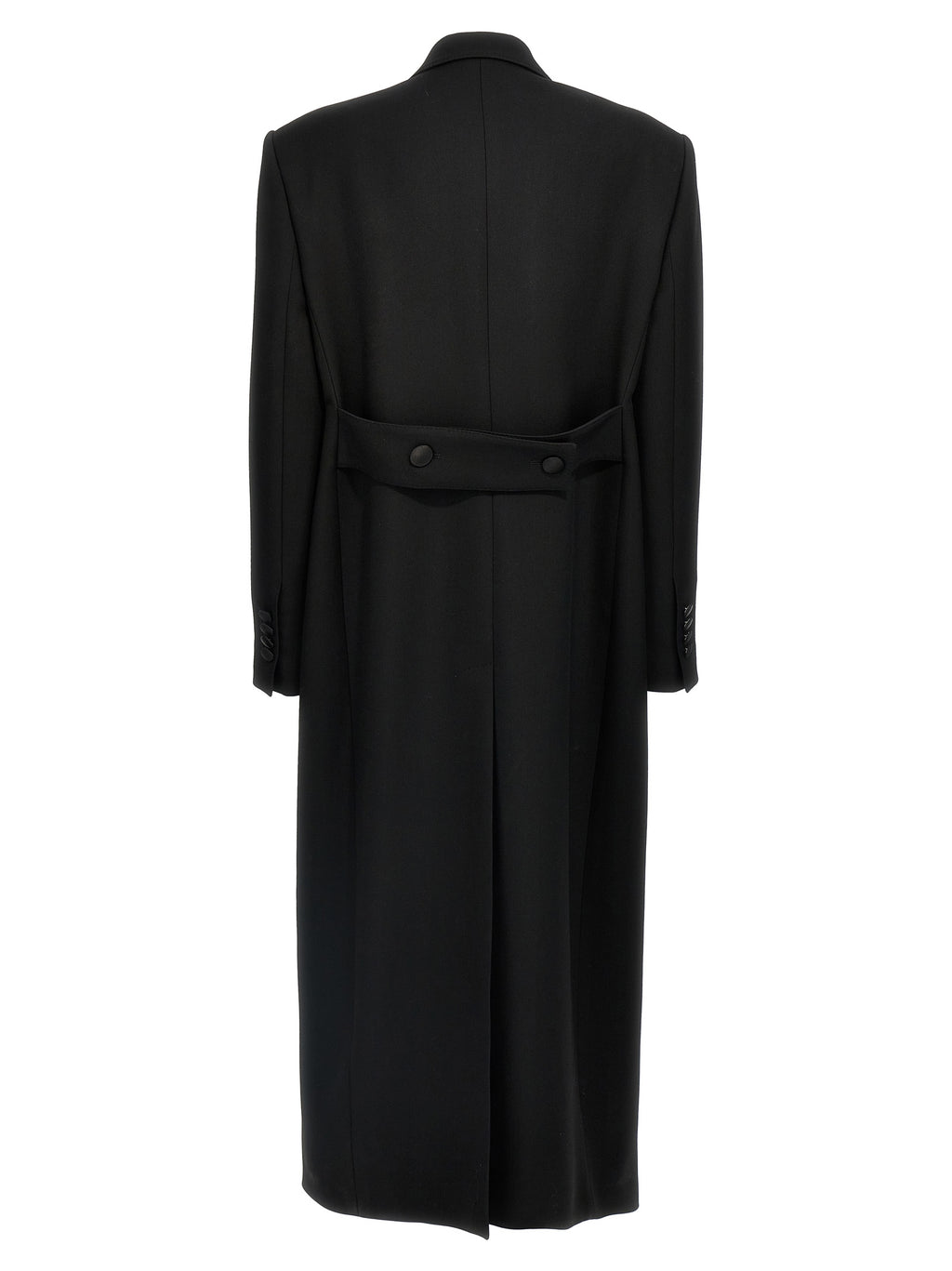 Manteau noir en laine vierge de Dolce & Gabbana, coupe élégante et classique, porté sur un mannequin.