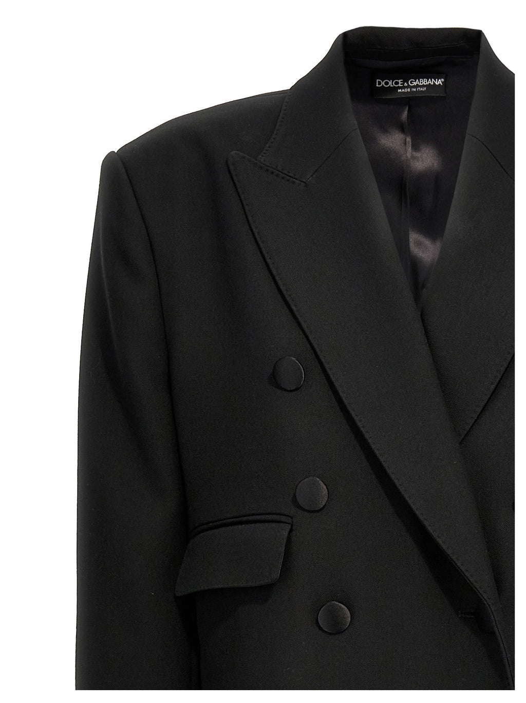 Manteau noir en laine vierge de Dolce & Gabbana, coupe classique avec col élégant et poches latérales.