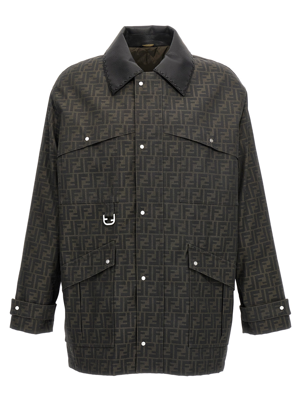 Veste longue en polyester brun de Fendi, vue de face, avec détails de couture visibles.
