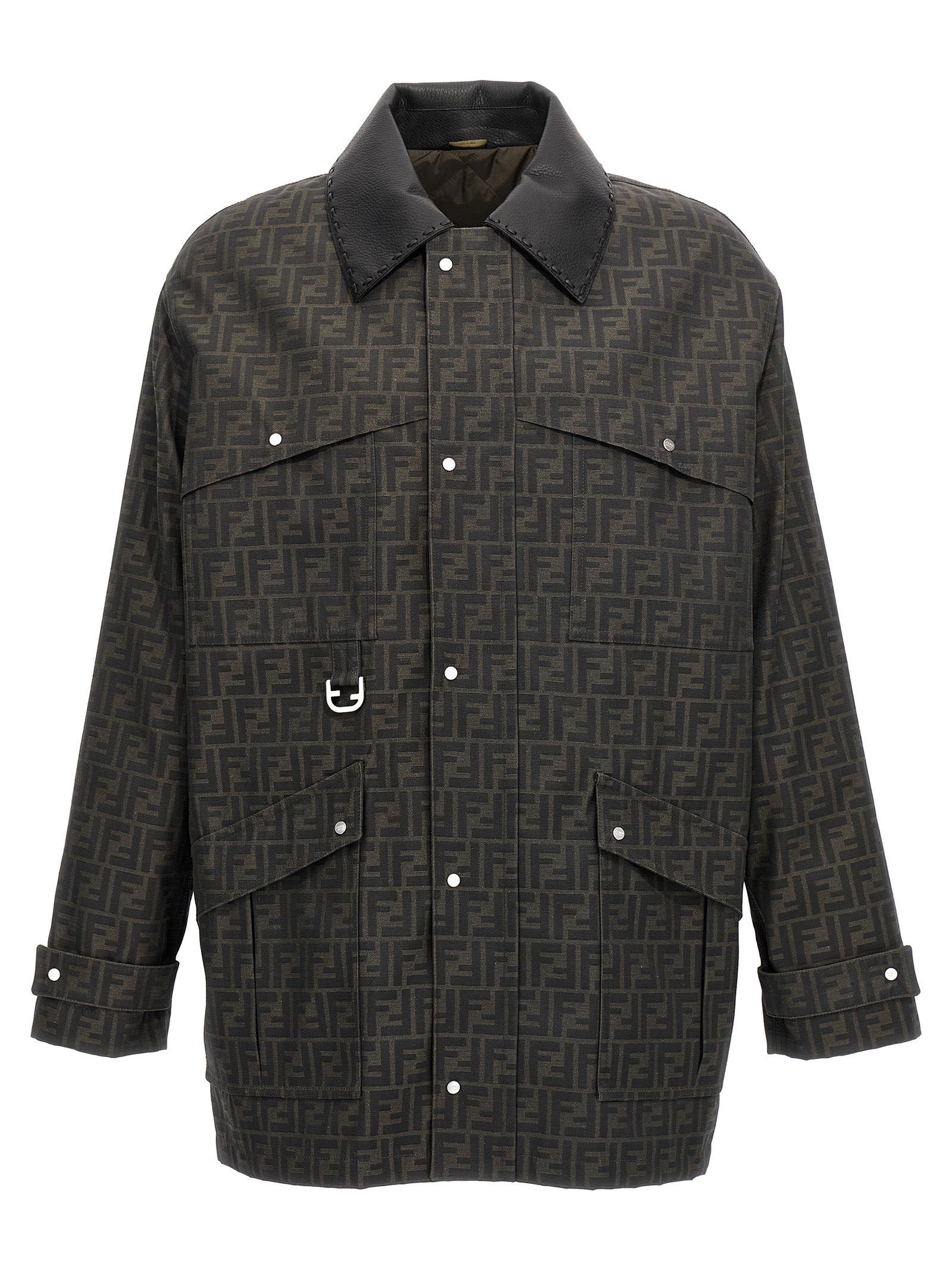 Veste longue en polyester brun de Fendi, vue de face, avec détails de couture visibles.