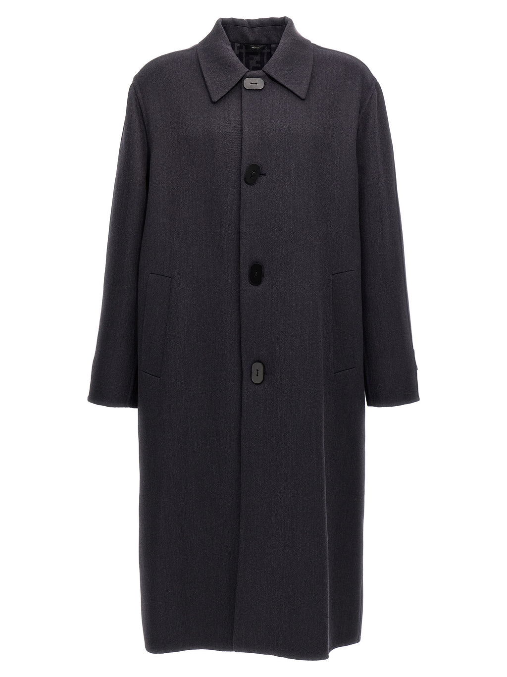 Manteau en laine vierge bleu de Fendi, coupe élégante, porté sur un mannequin, détail des finitions sophistiquées.