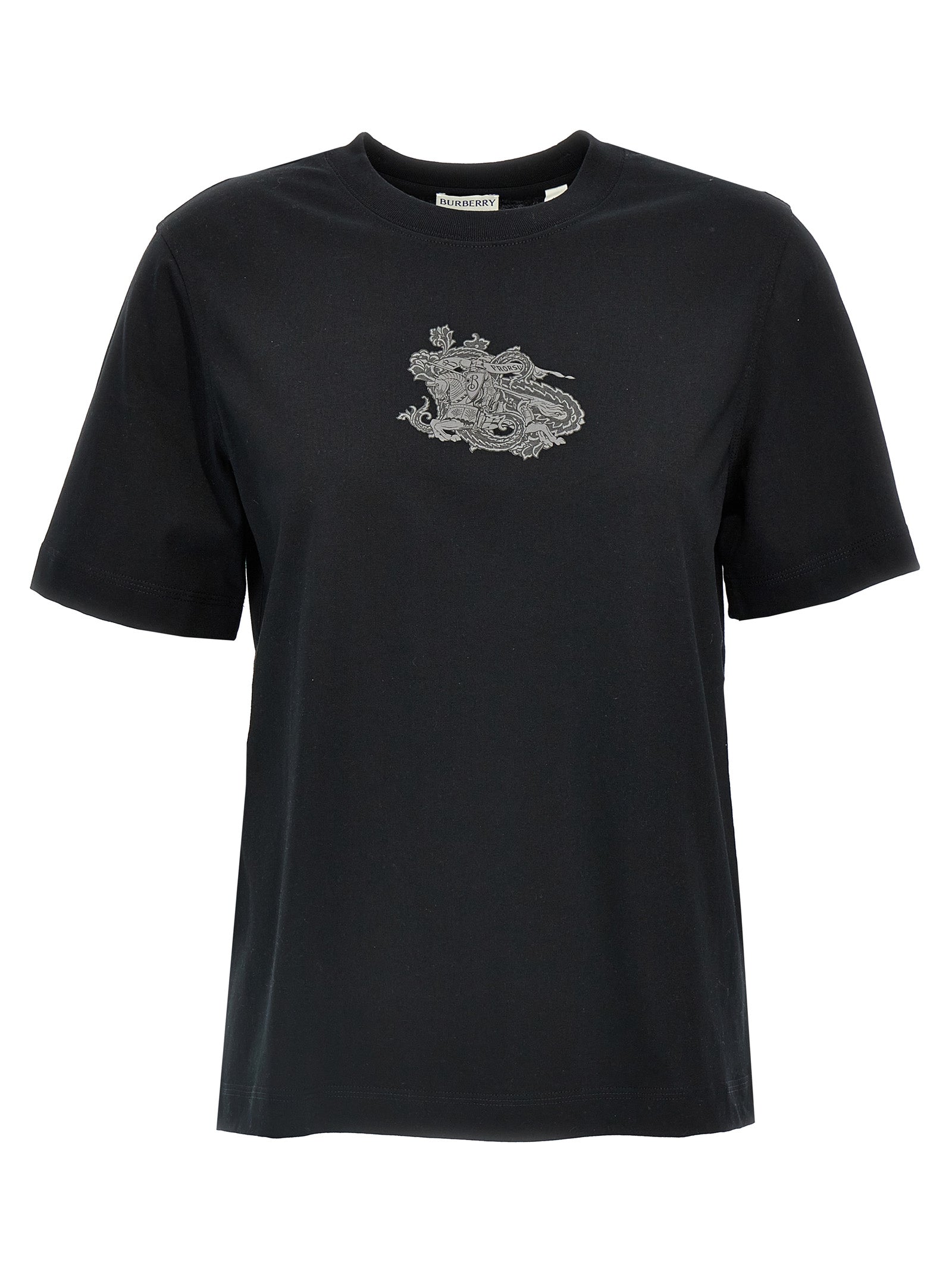 T-shirt noir en coton Burberry, coupe classique avec logo discret, porté décontracté pour homme.