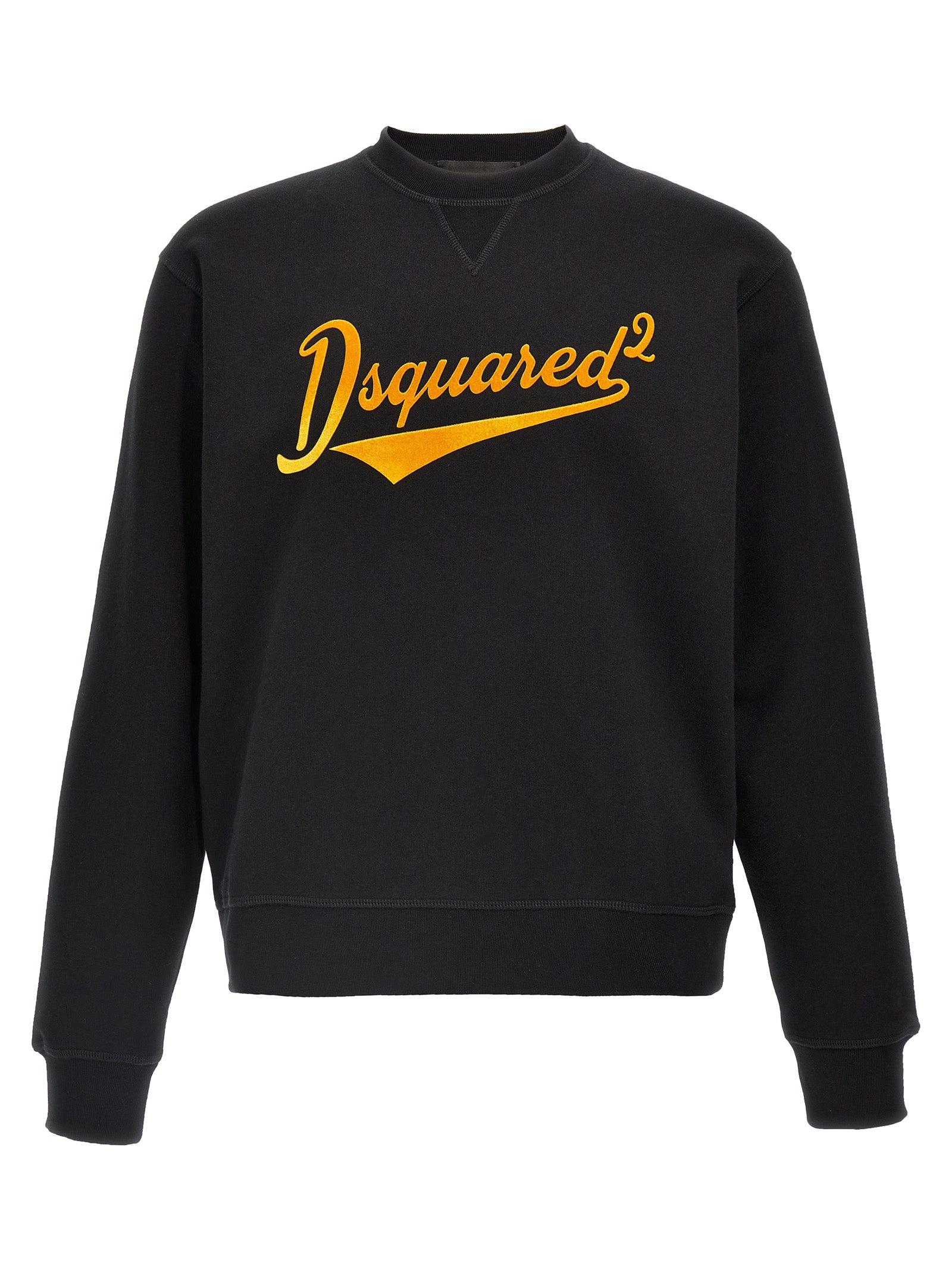 Sweat-shirt noir en coton de Dsquared² avec logo blanc, porté sur un modèle, style décontracté et confortable.