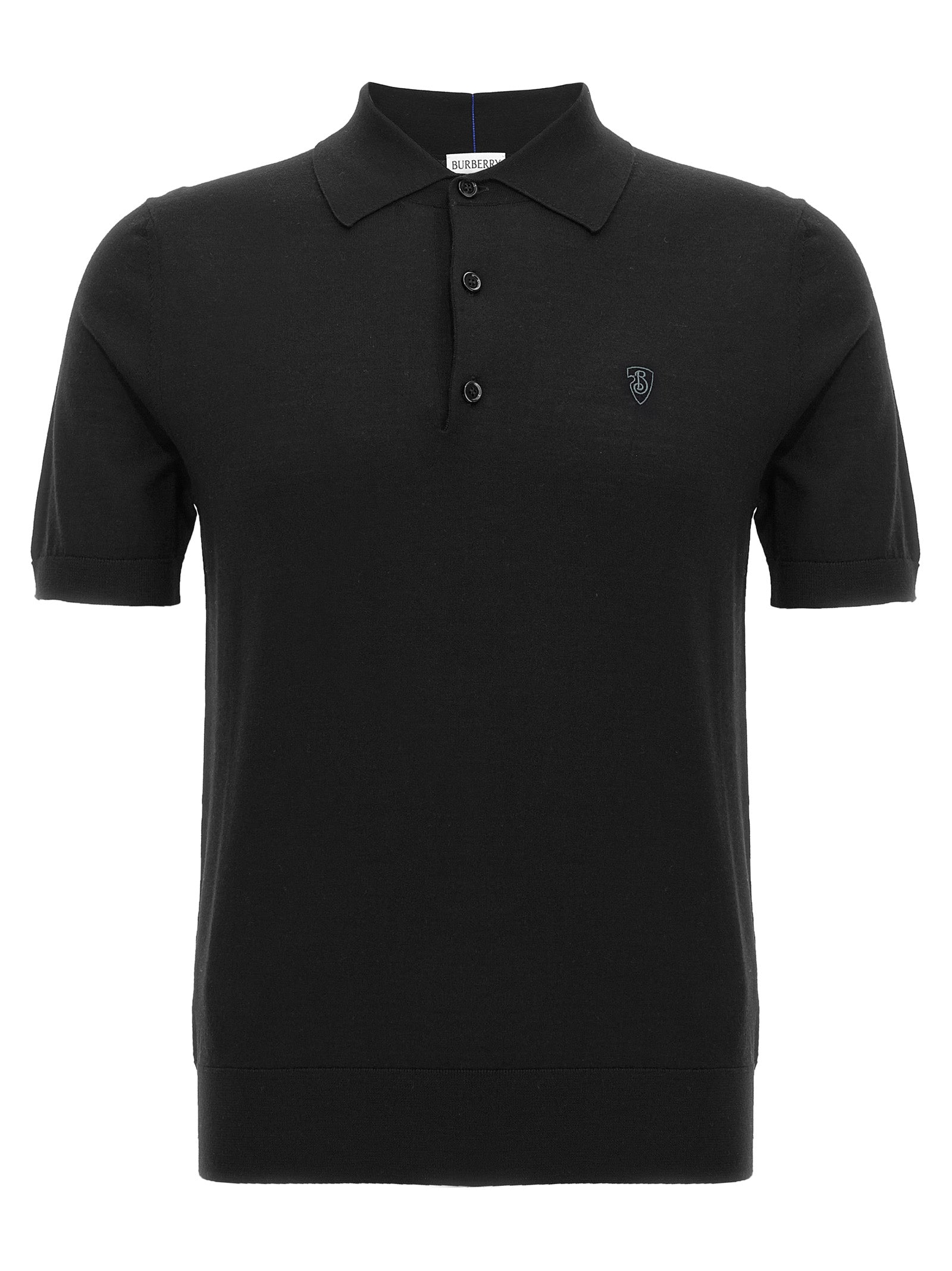 Chemise polo en laine noire Burberry, détail du col et logo emblématique, tissu élégant et confortable.