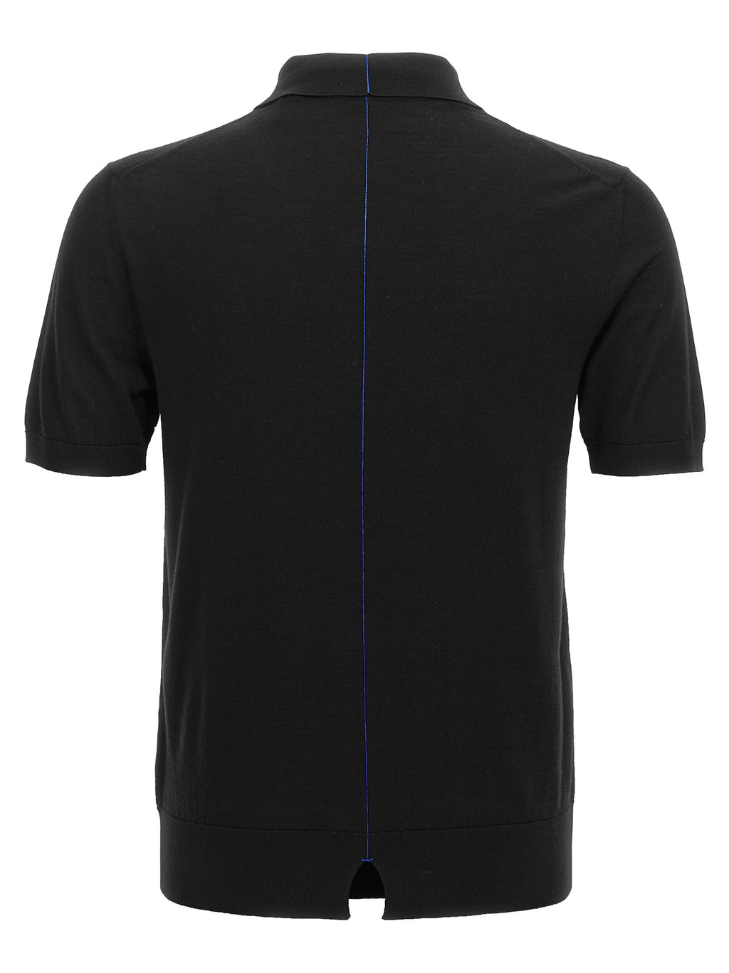 Chemise polo en laine noire Burberry, vue de face, détails du col et du logo emblématique sur la poitrine.