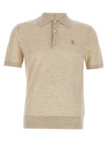 Chemise polo en laine beige Burberry avec col et boutons, vue de face, élégante et classique.