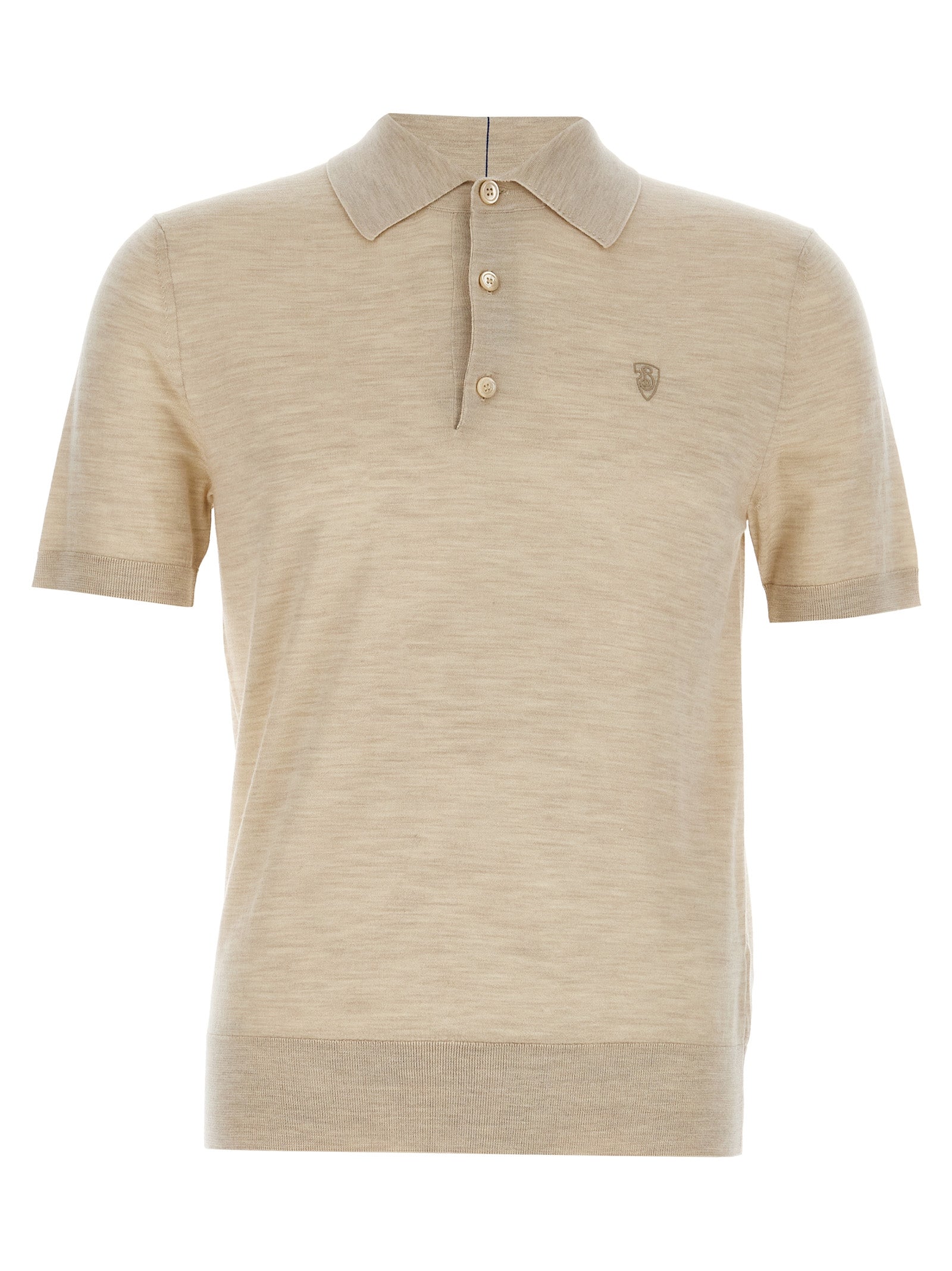 Chemise polo en laine beige Burberry avec col et boutons, vue de face, élégante et classique.