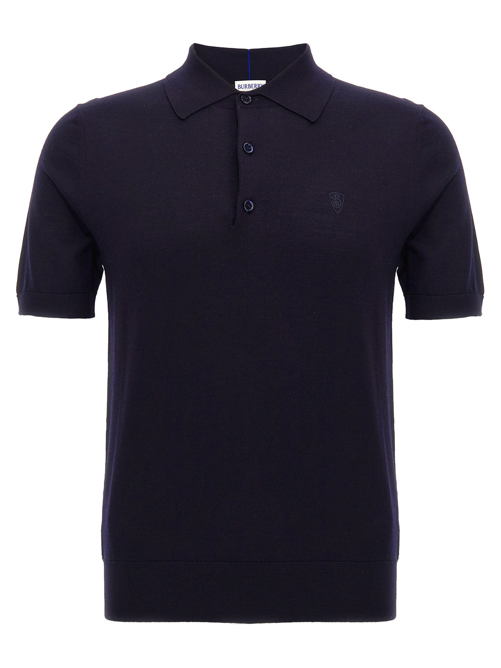 Chemise polo en laine bleue de Burberry, vue de face, avec col classique et logo emblématique sur la poitrine.